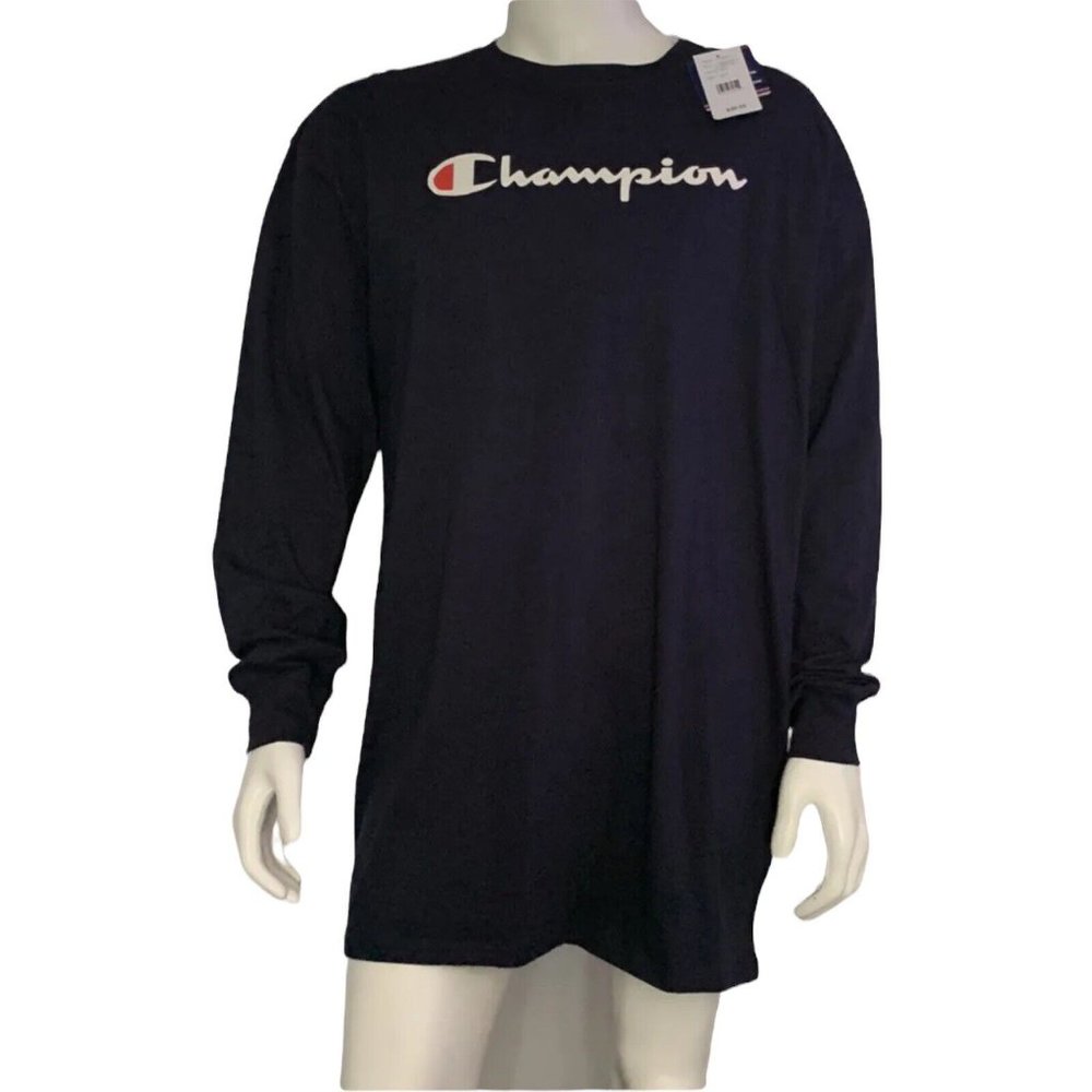 🔧Men's Big Tall Size 2XL Champion Long Sleeve Logo Graphic Tee  Navy 100% Cotton